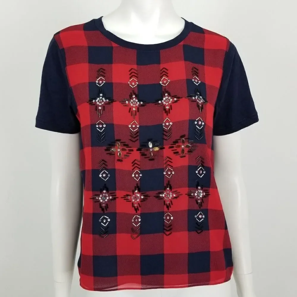 J. Crew Embellished Tartan Plaid T Shirt Small